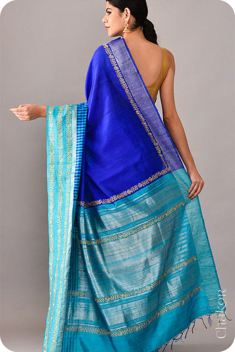 Royal Blue Turquoise Tussar Raw Silk Saree