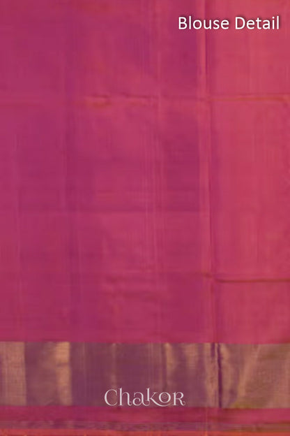 Blouse material of Handloom Pink Rajkoti Patola Ikat Mulberry Silk Saree with tissue borders, and mauve pallu woven using traditional designs in Gujarat.