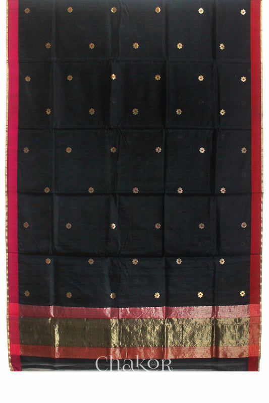 Chakor's Traditional Black Chanderi silk cotton saree with zari butti and ganga-jamuna borders.