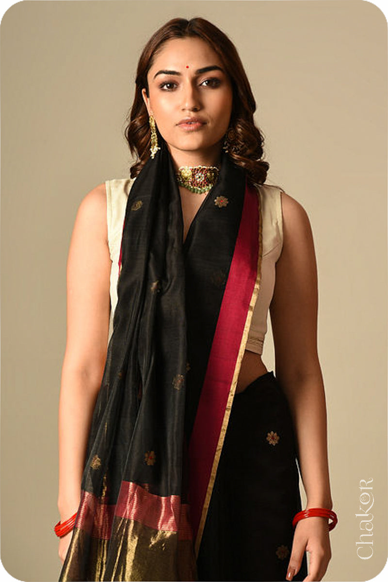 Chakor's Traditional Black Chanderi silk cotton saree with zari butti and ganga-jamuna borders.