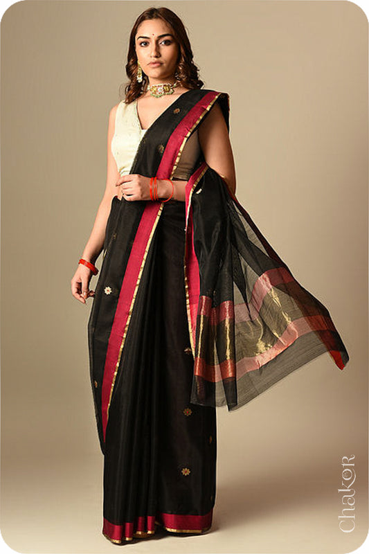 Chakor's Traditional Black Chanderi silk cotton saree with zari butti and ganga-jamuna borders.