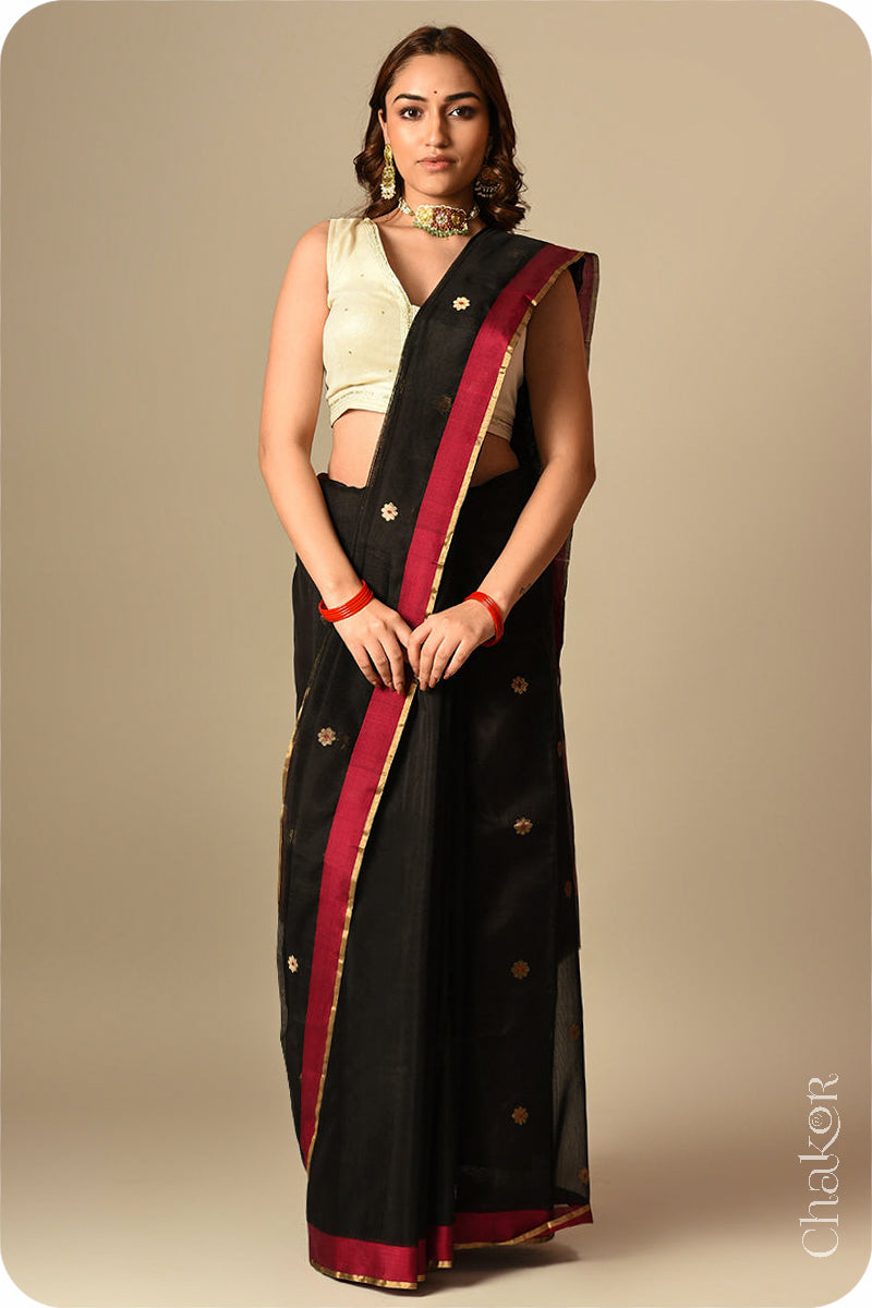 Chakor's Traditional Black Chanderi silk cotton saree with zari butti and ganga-jamuna borders.