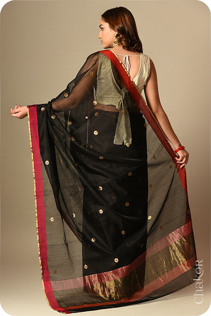 Chakor's Traditional Black Chanderi silk cotton saree with zari butti and ganga-jamuna borders.