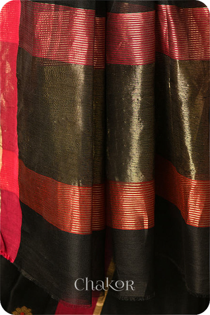 Chakor's Traditional Black Chanderi silk cotton saree with zari butti and ganga-jamuna borders.