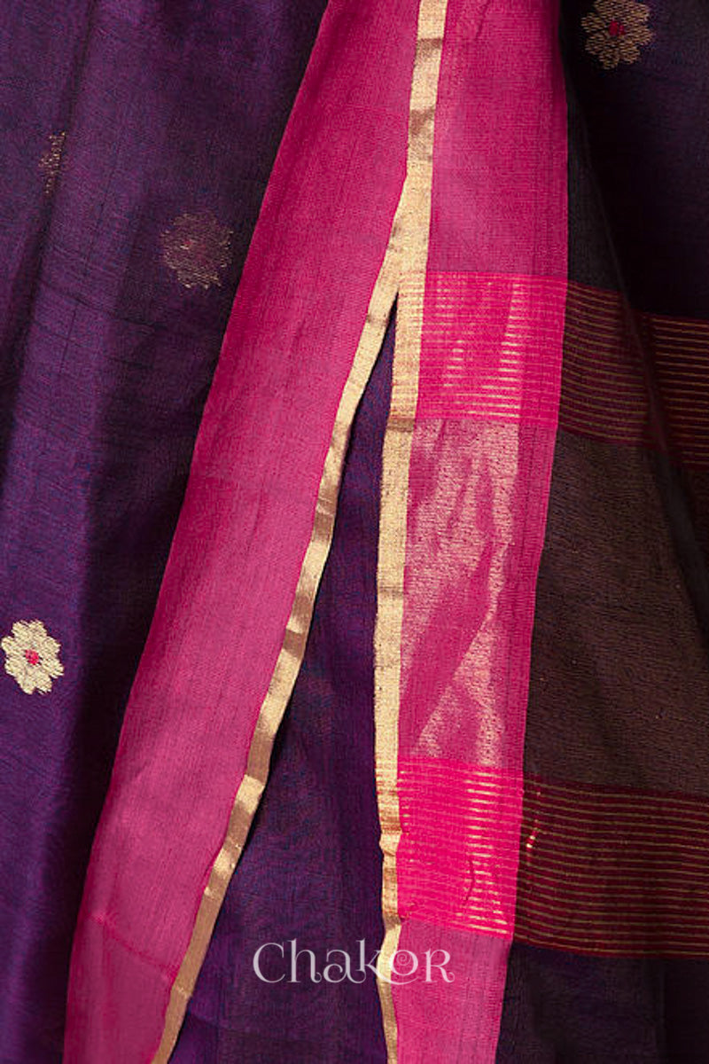 Close-up of Ganga Jamuna border and phool butti weave on Wine Chanderi silk cotton fabric.
