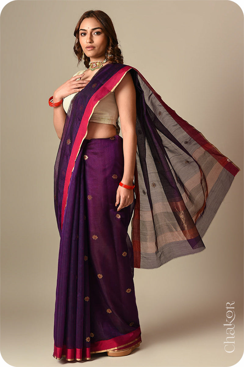 Chakor's Traditional wine Chanderi silk cotton saree with zari butti and ganga-jamuna borders.