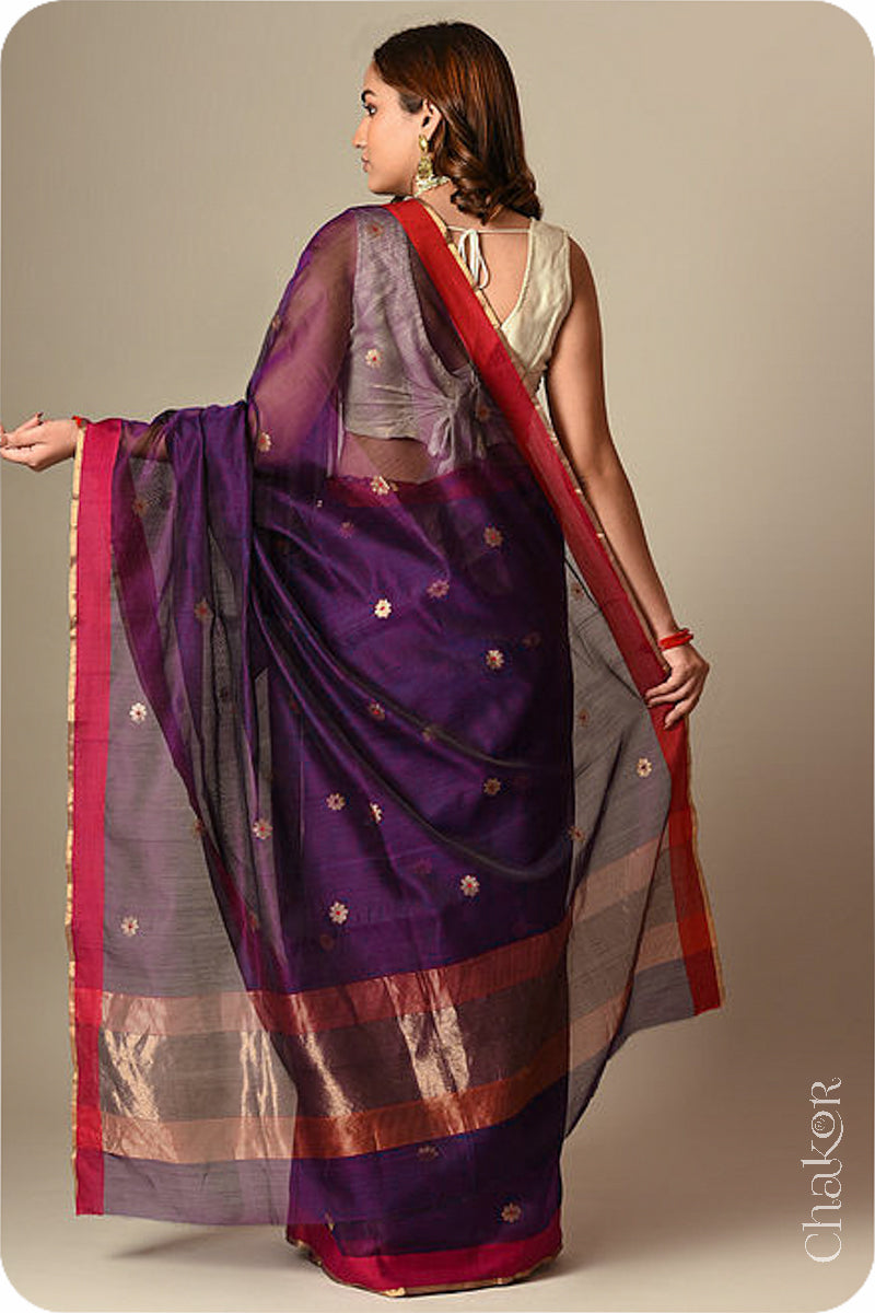 Chakor's Traditional wine Chanderi silk cotton saree with zari butti and ganga-jamuna borders.