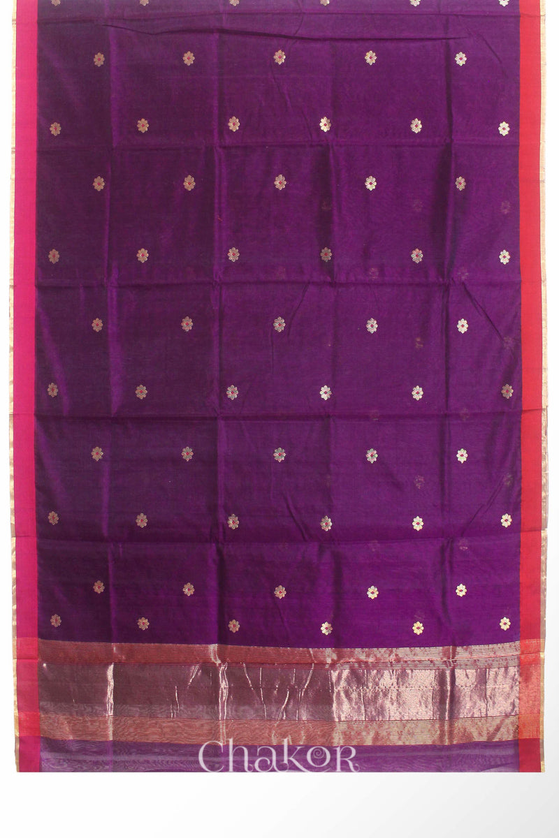 Chakor's Traditional Magenta Chanderi silk cotton saree with zari butti and ganga-jamuna borders.