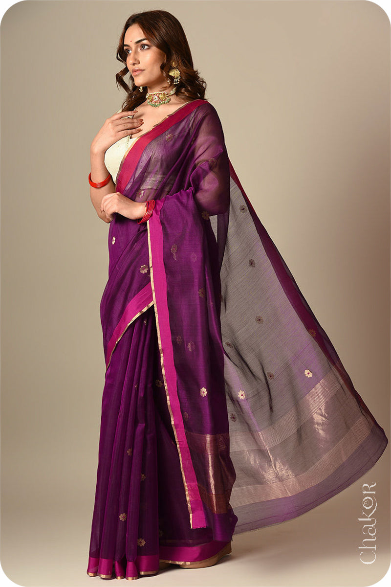 Chakor's Traditional Magenta Chanderi silk cotton saree with zari butti and ganga-jamuna borders.