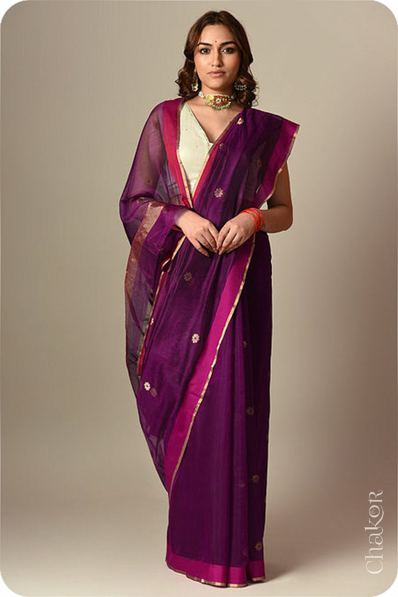 Chakor's Traditional Magenta Chanderi silk cotton saree with zari butti and ganga-jamuna borders.