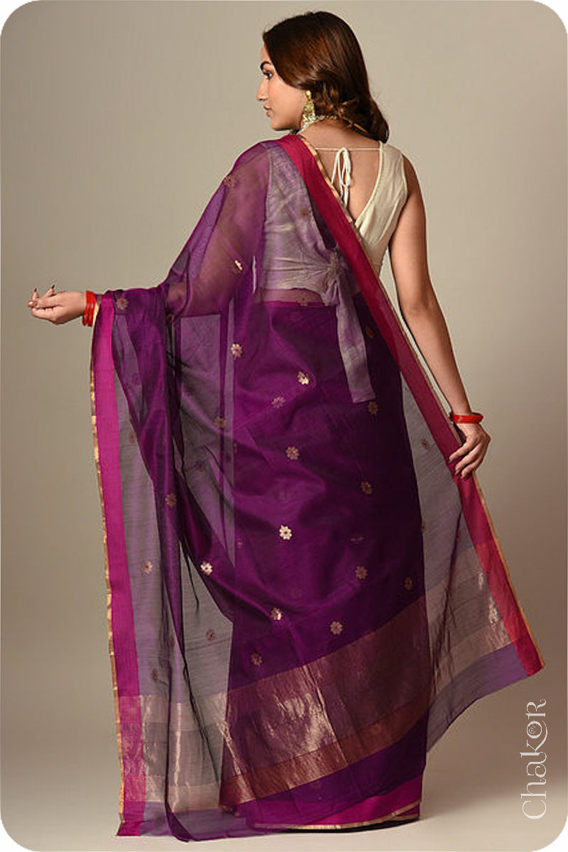 Chakor's Traditional Magenta Chanderi silk cotton saree with zari butti and ganga-jamuna borders.