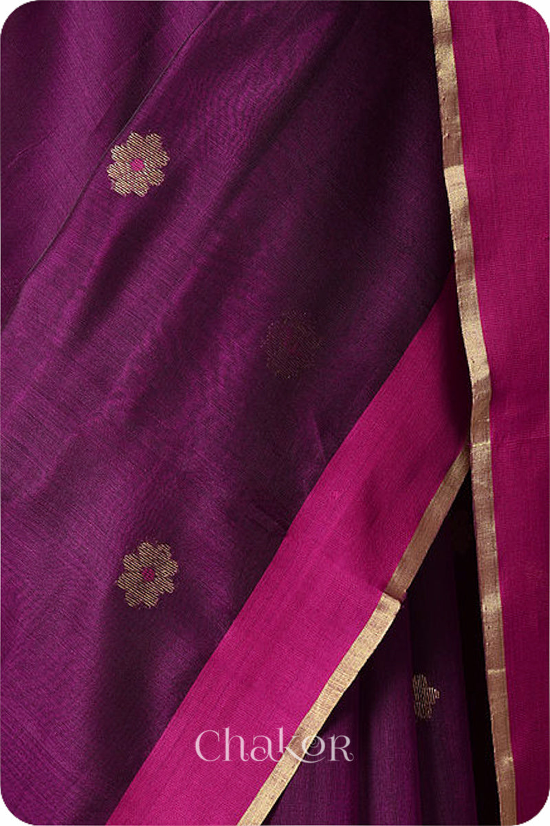 Chakor's Traditional Magenta Chanderi silk cotton saree with zari butti and ganga-jamuna borders.