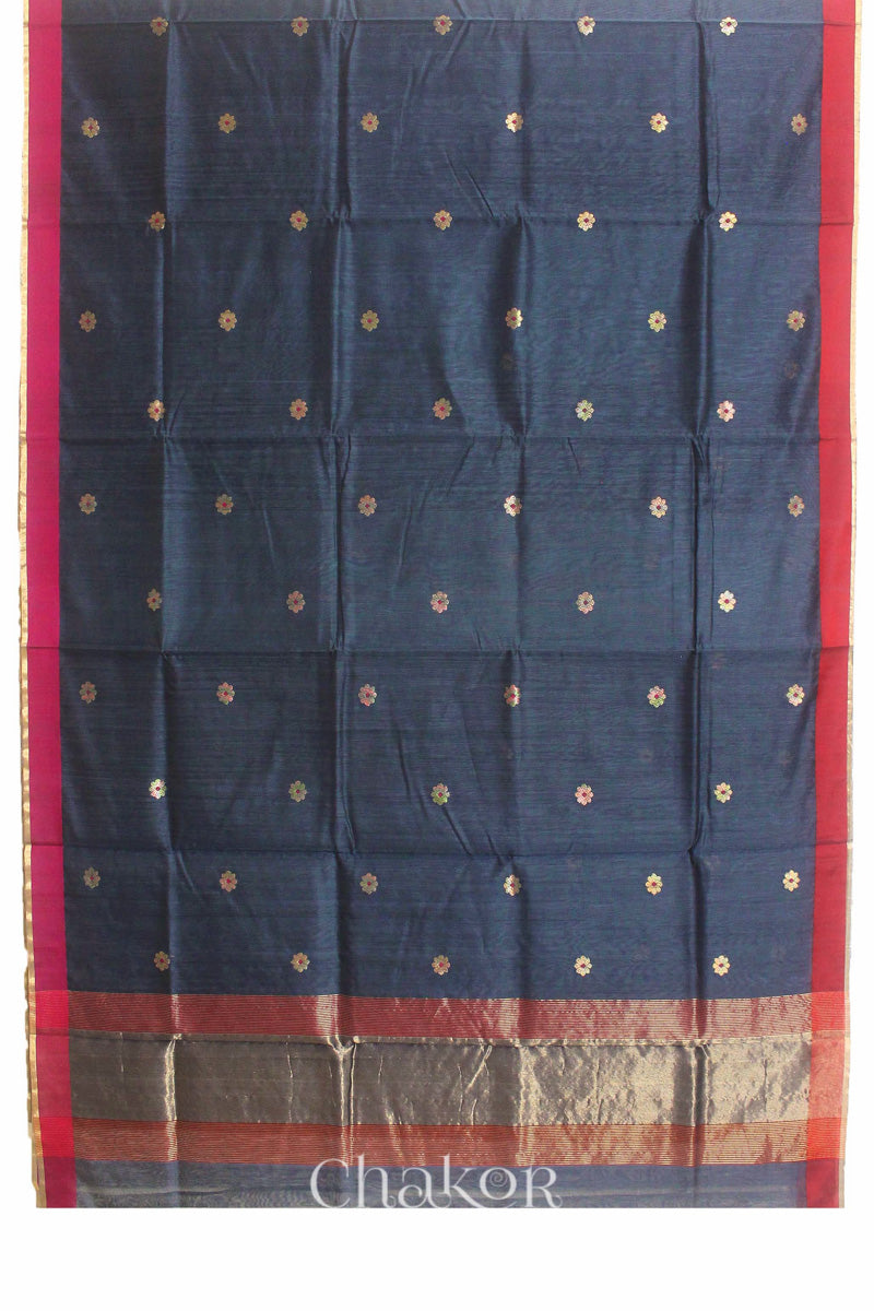 Chakor's Traditional Grey Chanderi silk cotton saree with zari butti and ganga-jamuna borders.