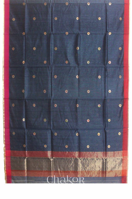 Chakor's Traditional Grey Chanderi silk cotton saree with zari butti and ganga-jamuna borders.