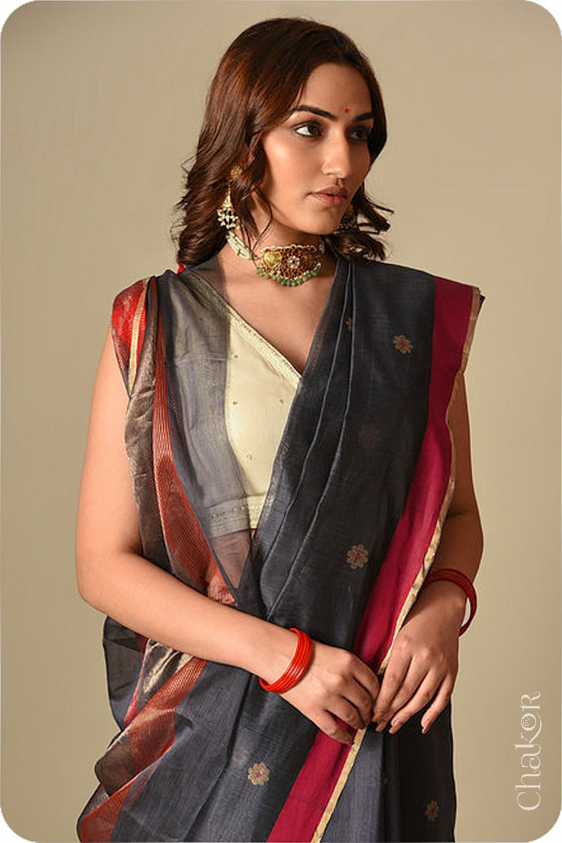 Chakor's Traditional Grey Chanderi silk cotton saree with zari butti and ganga-jamuna borders.