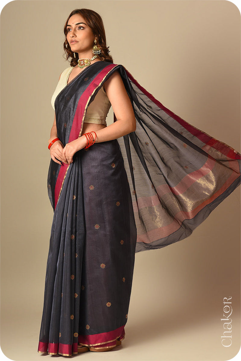 Chakor's Traditional Grey Chanderi silk cotton saree with zari butti and ganga-jamuna borders.