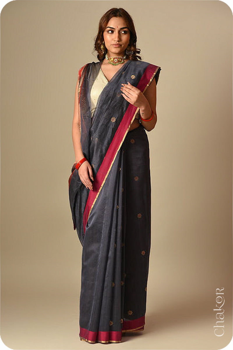 Chakor's Traditional Grey Chanderi silk cotton saree with zari butti and ganga-jamuna borders.