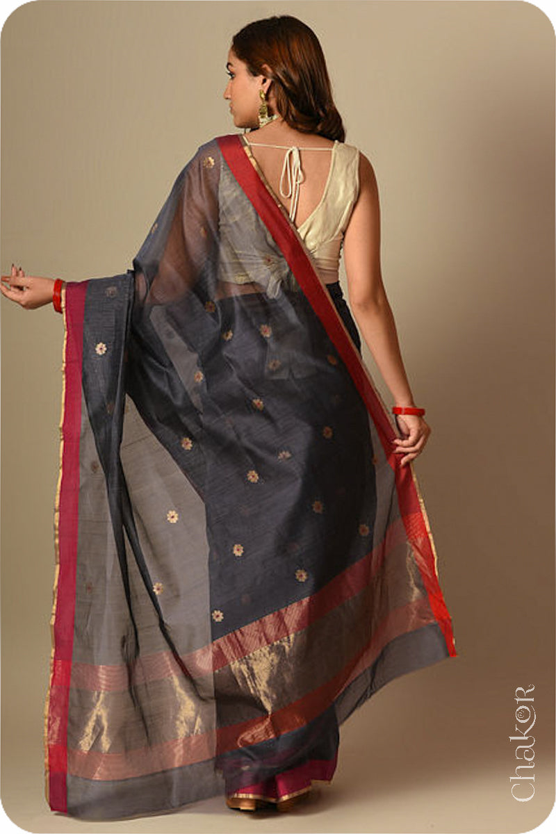 Chakor's Traditional Grey Chanderi silk cotton saree with zari butti and ganga-jamuna borders.