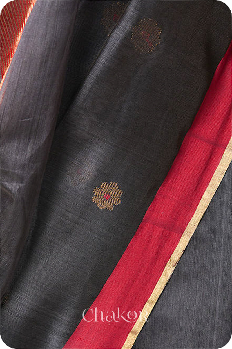 Chakor's Traditional Grey Chanderi silk cotton saree with zari butti and ganga-jamuna borders.