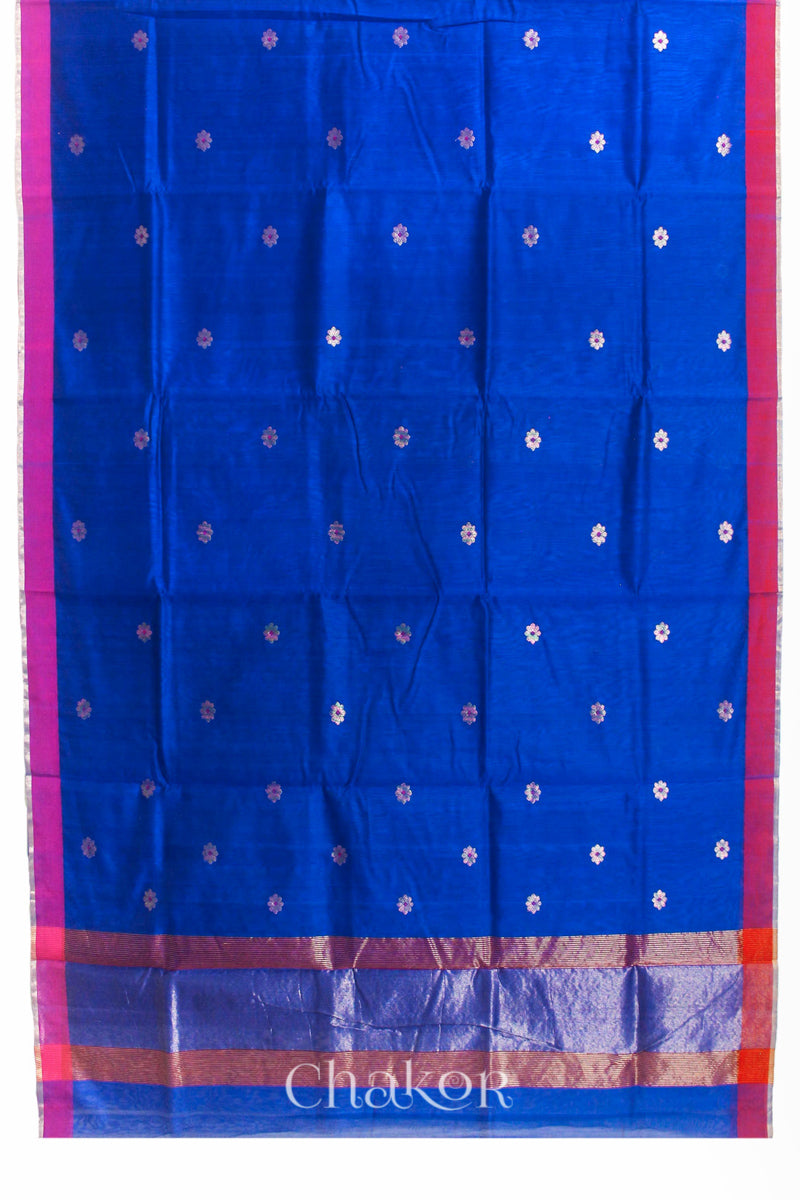 Flatshot of Blue Chanderi silk cotton saree showing phool butti motifs and contrasting borders.
