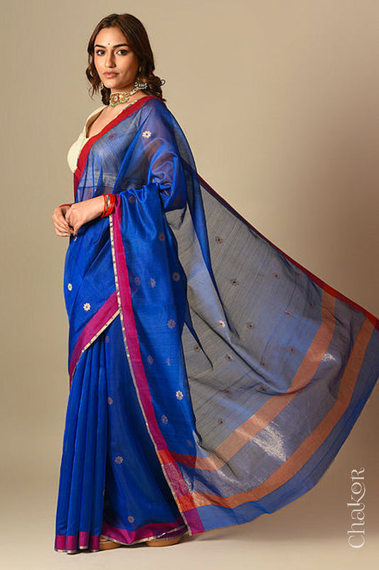 Model wearing a Blue Chanderi silk cotton saree with Ganga Jamuna borders and tissue-striped pallu.
