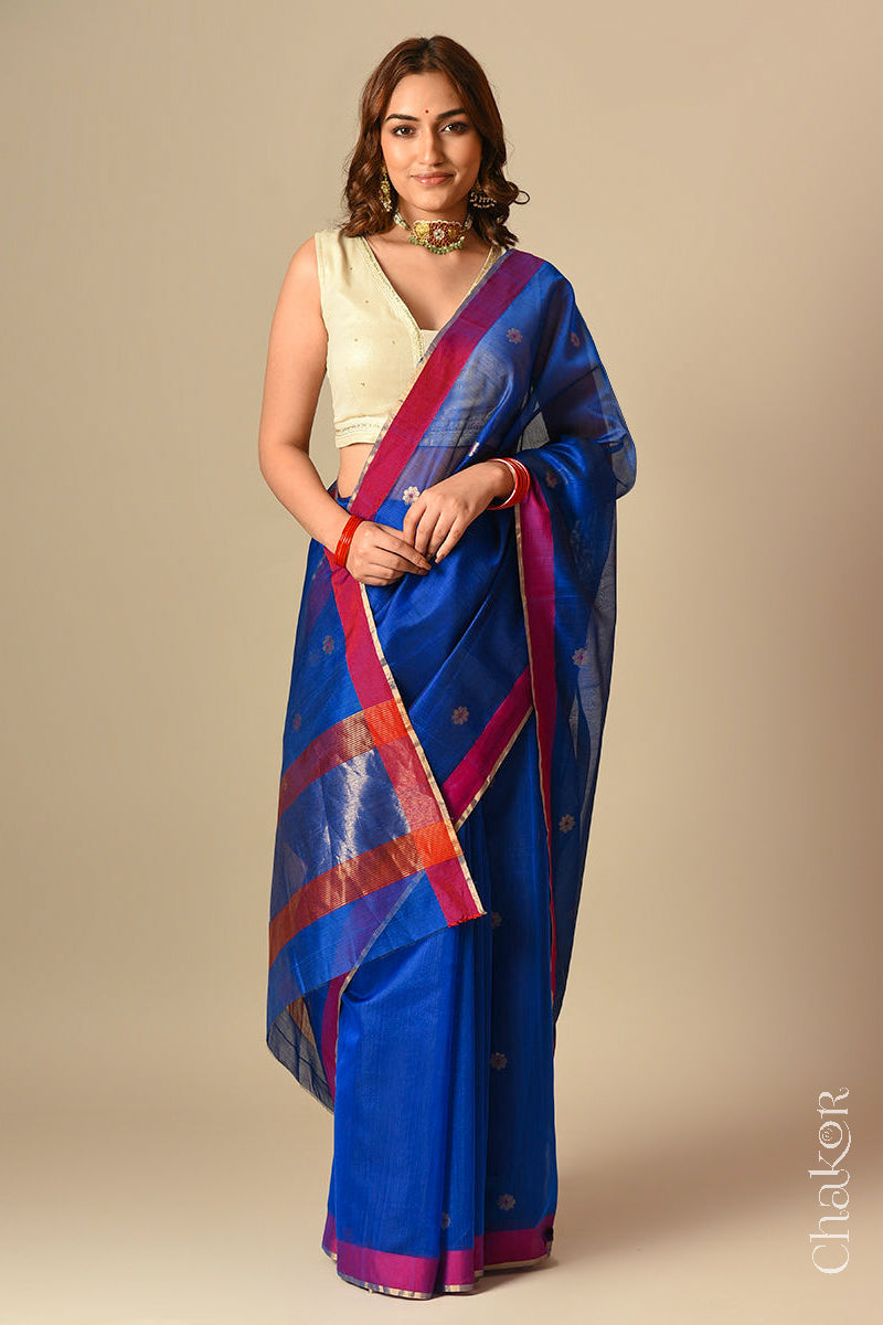 Model wearing a Blue Chanderi silk cotton saree with Ganga Jamuna borders and tissue-striped pallu.
