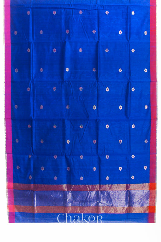 Chakor's Traditional Blue Chanderi silk cotton saree with zari butti and ganga-jamuna borders.