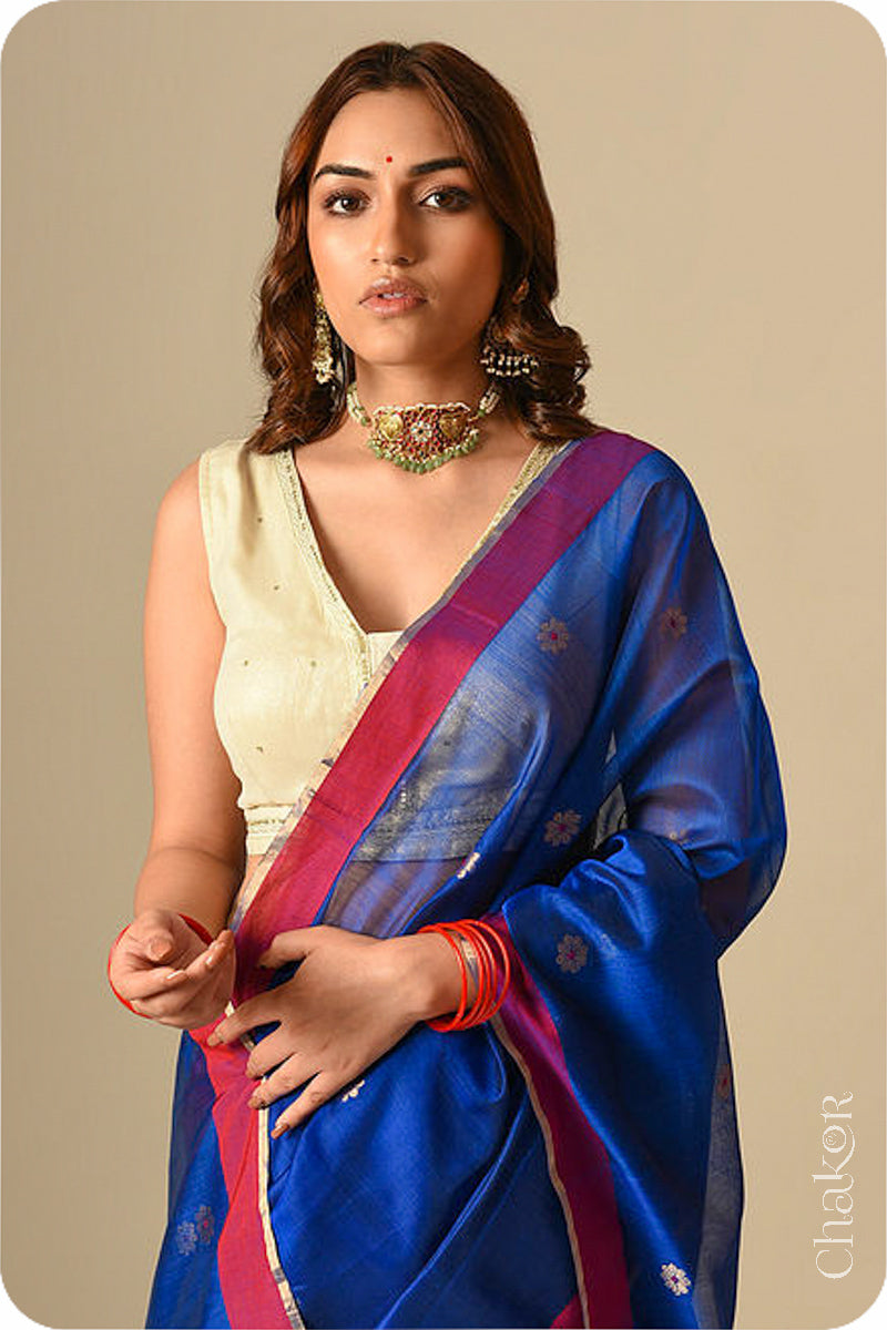 Chakor's Traditional Blue Chanderi silk cotton saree with zari butti and ganga-jamuna borders.