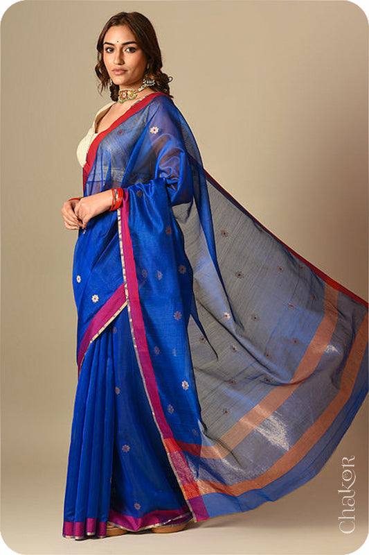 Chakor's Traditional Blue Chanderi silk cotton saree with zari butti and ganga-jamuna borders.