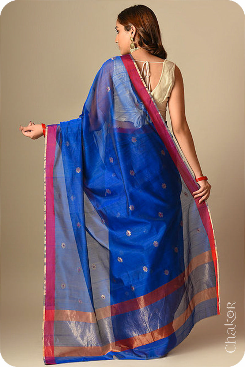 Chakor's Traditional Blue Chanderi silk cotton saree with zari butti and ganga-jamuna borders.