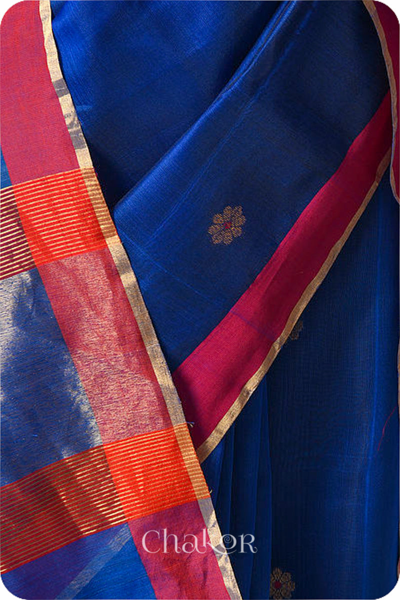 Chakor's Traditional Blue Chanderi silk cotton saree with zari butti and ganga-jamuna borders.