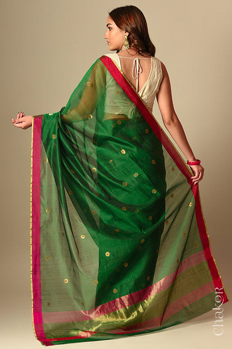 Back view of model wearing green Chanderi silk cotton saree with tissue-striped pallu displayed.
