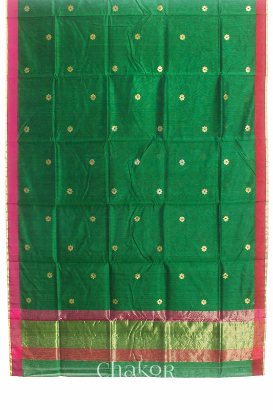 Chakor's Traditional Green Chanderi silk cotton saree with zari butti and ganga-jamuna borders.