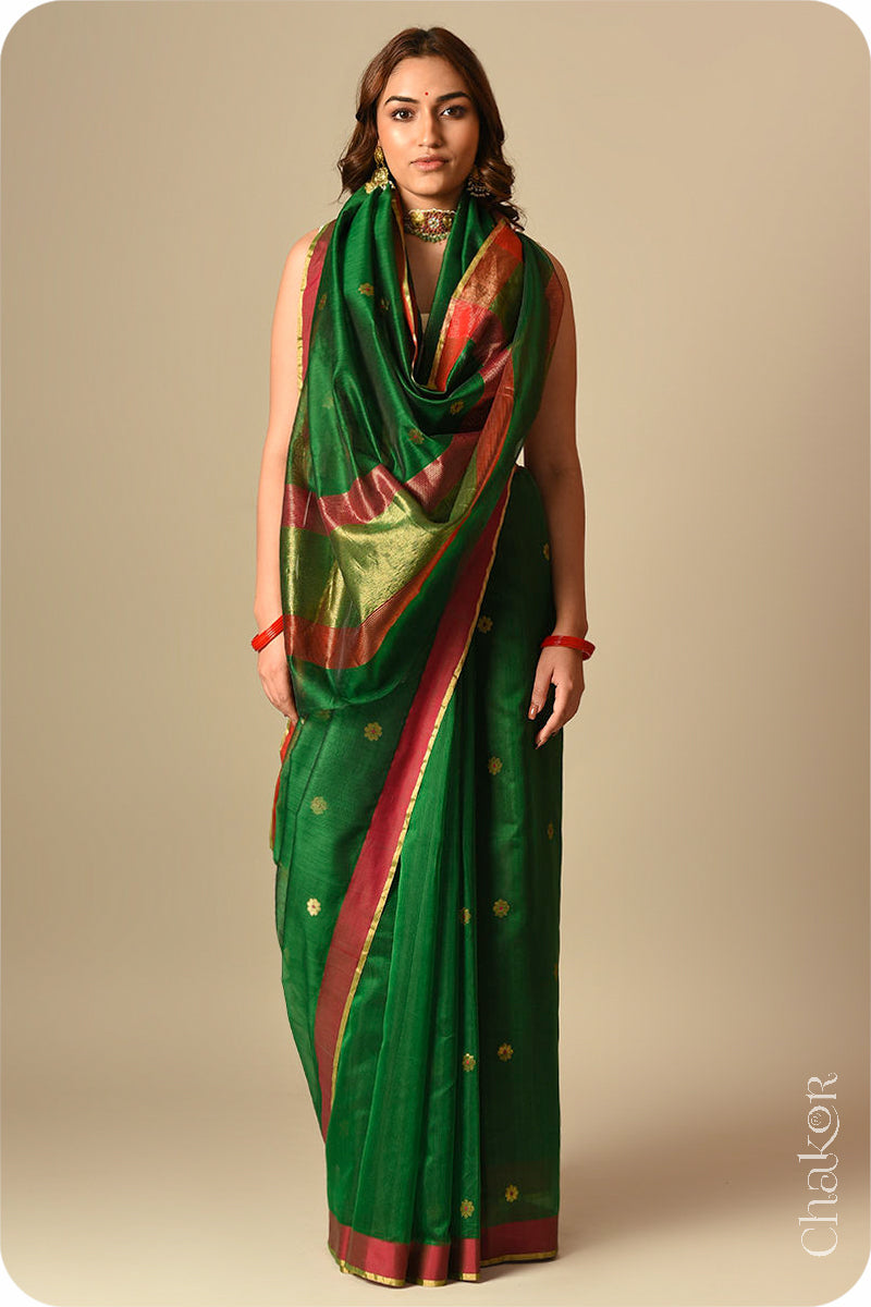 Chakor's Traditional Green Chanderi silk cotton saree with zari butti and ganga-jamuna borders.