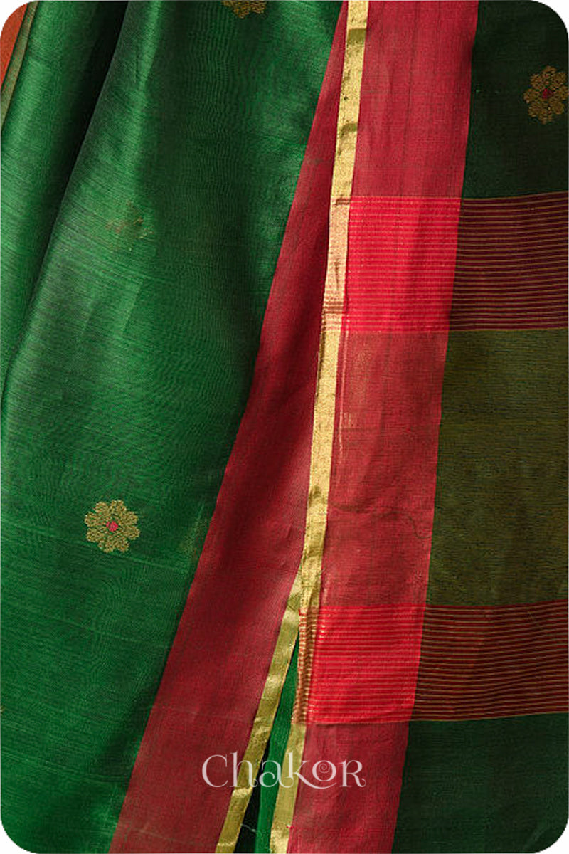 Chakor's Traditional Green Chanderi silk cotton saree with zari butti and ganga-jamuna borders.