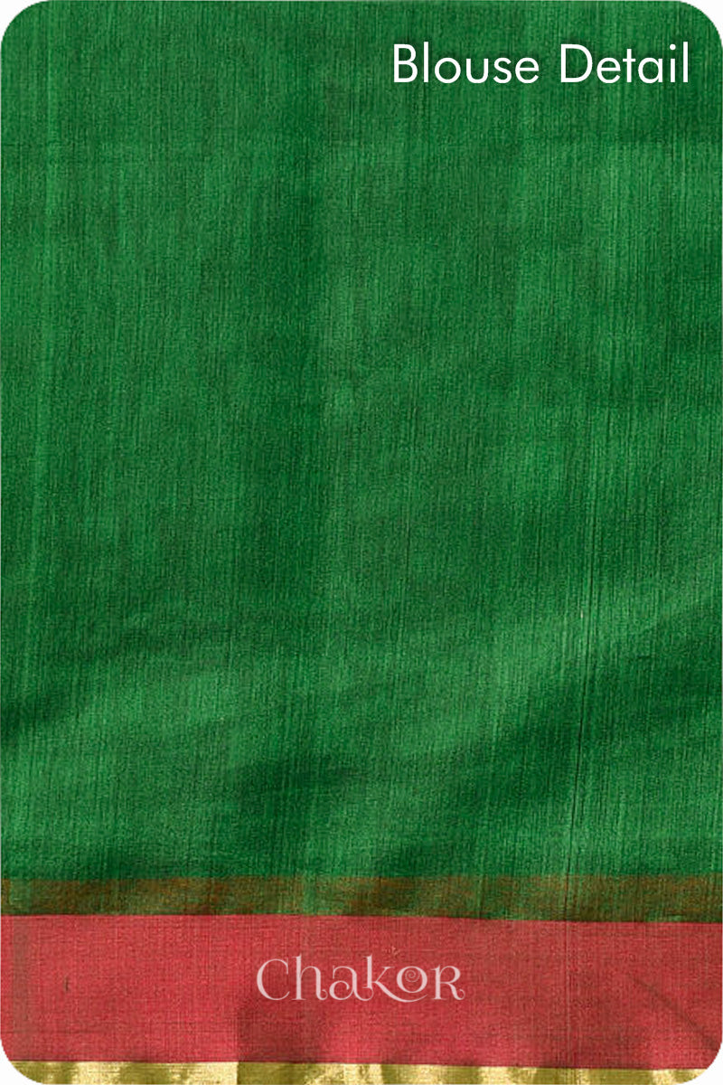 Chakor's Traditional Green Chanderi silk cotton saree with zari butti and ganga-jamuna borders.