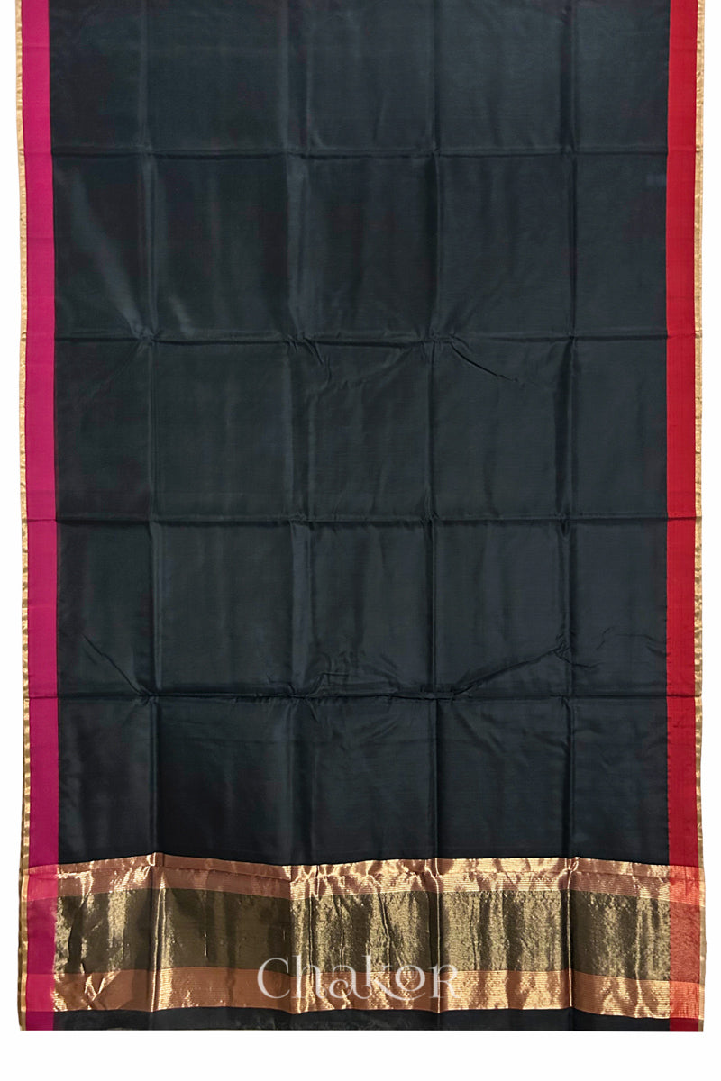 Full view of the Black Chanderi silk cotton saree, showing both ganga jamuna border and tissue pallu.
