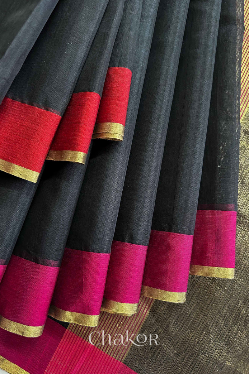 Detail of Ganga Jamuna borders woven with zari on a Black Chanderi silk cotton saree.
