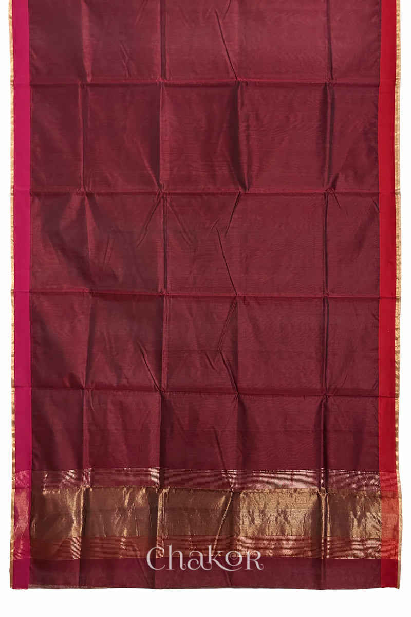 Full view of the Maroon Chanderi silk cotton saree, showing both ganga jamuna border and tissue pallu.
