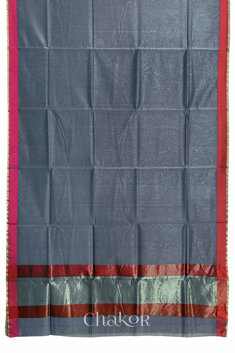 Full view of the Grey Chanderi silk cotton saree, showing both ganga jamuna border and tissue pallu.
