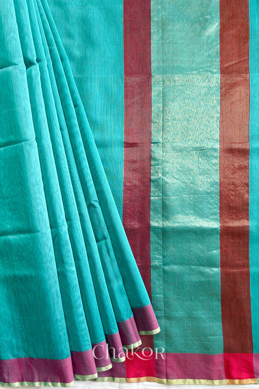Flatshot of pleats on a Sea Blue Chanderi silk cotton saree showing the woven pattern and soft drape.
