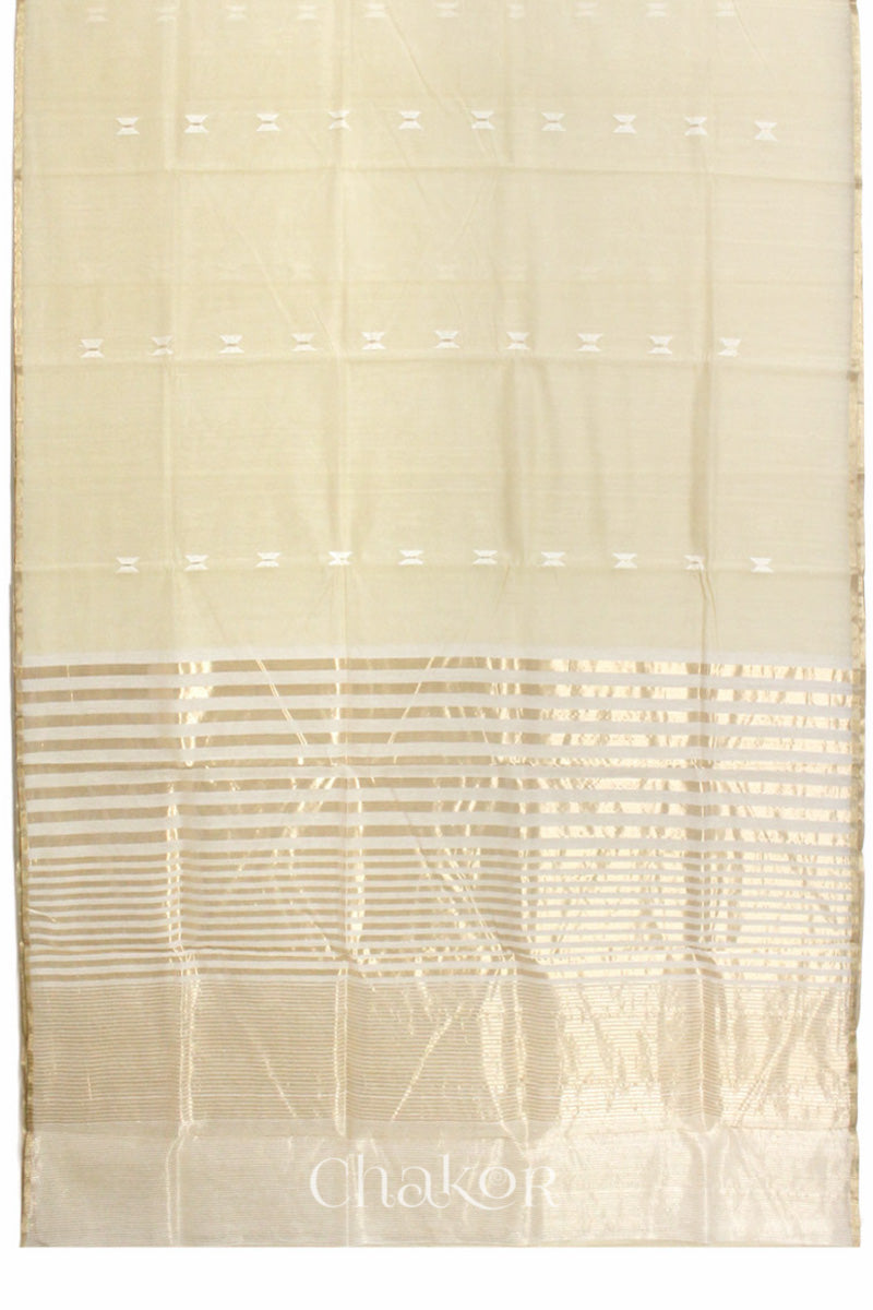 Chakor's Cream Handloom Silk Cotton Saree with woven tissue pallu & delicate buttis.