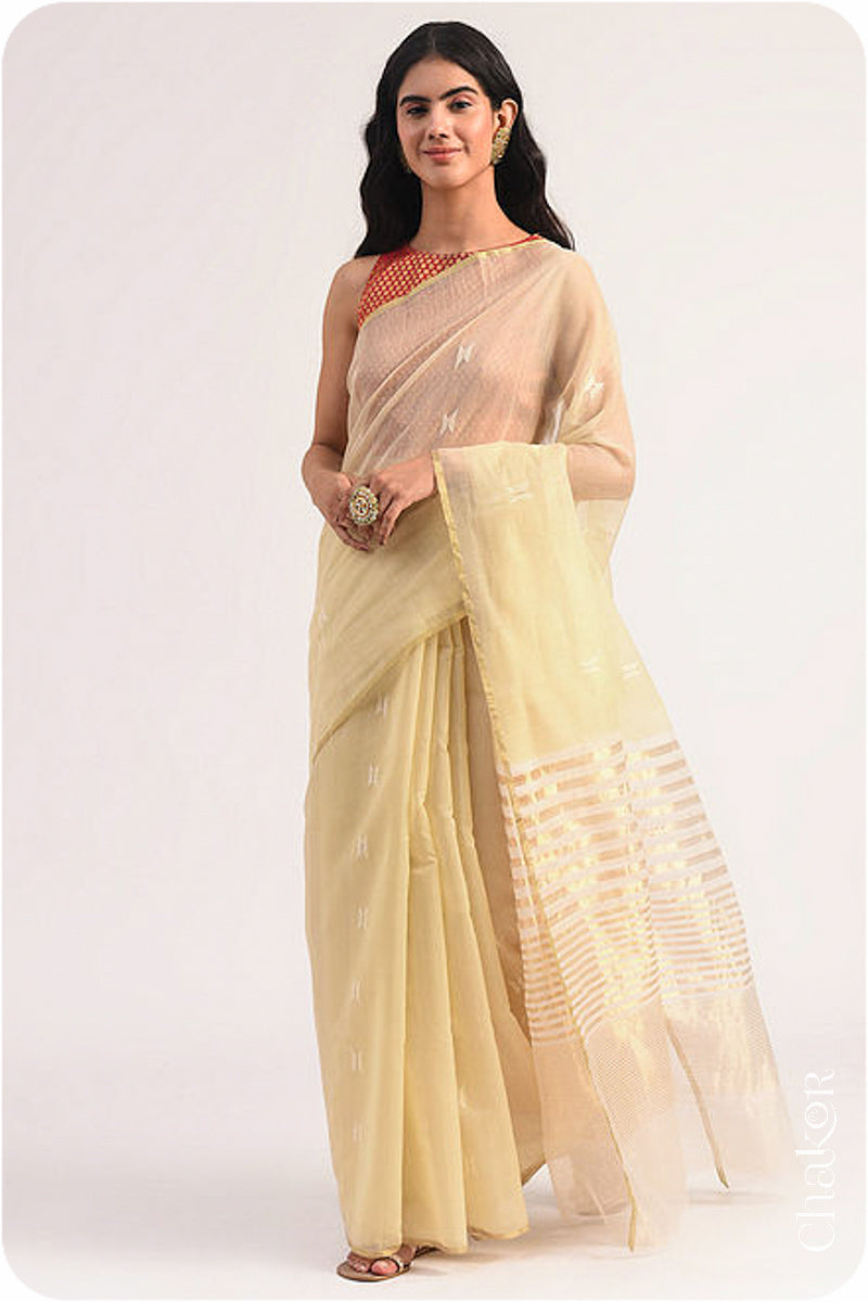 Cream Chanderi Silk Cotton Saree