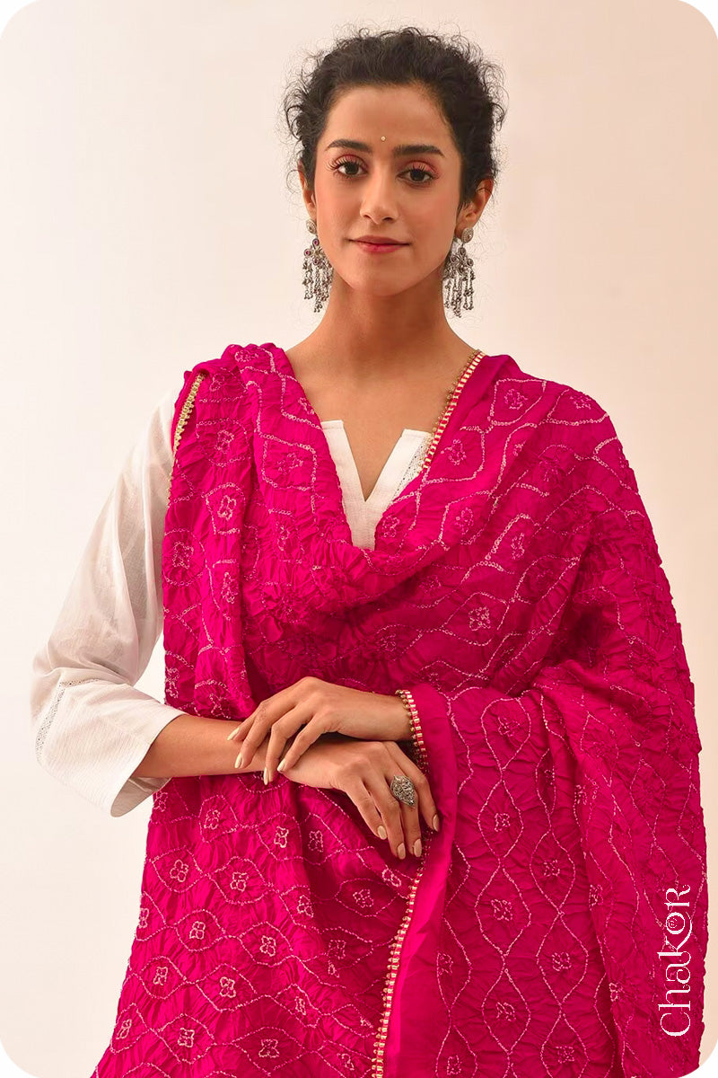 Rani Pink Bandhani Mulberry Silk Dupatta