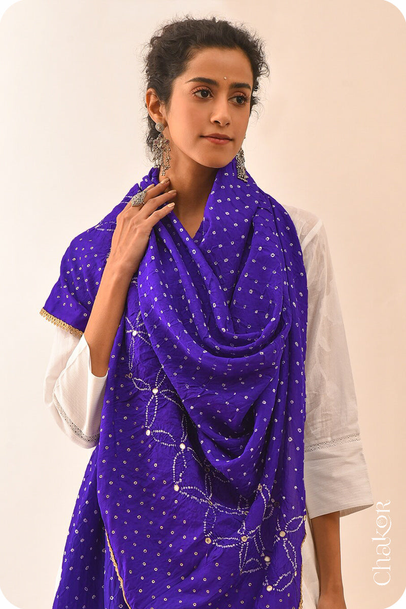 Purple Bandhani Mulberry Silk Dupatta