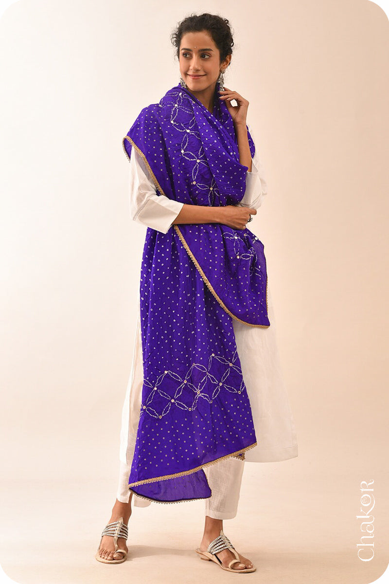 Purple Bandhani Mulberry Silk Dupatta