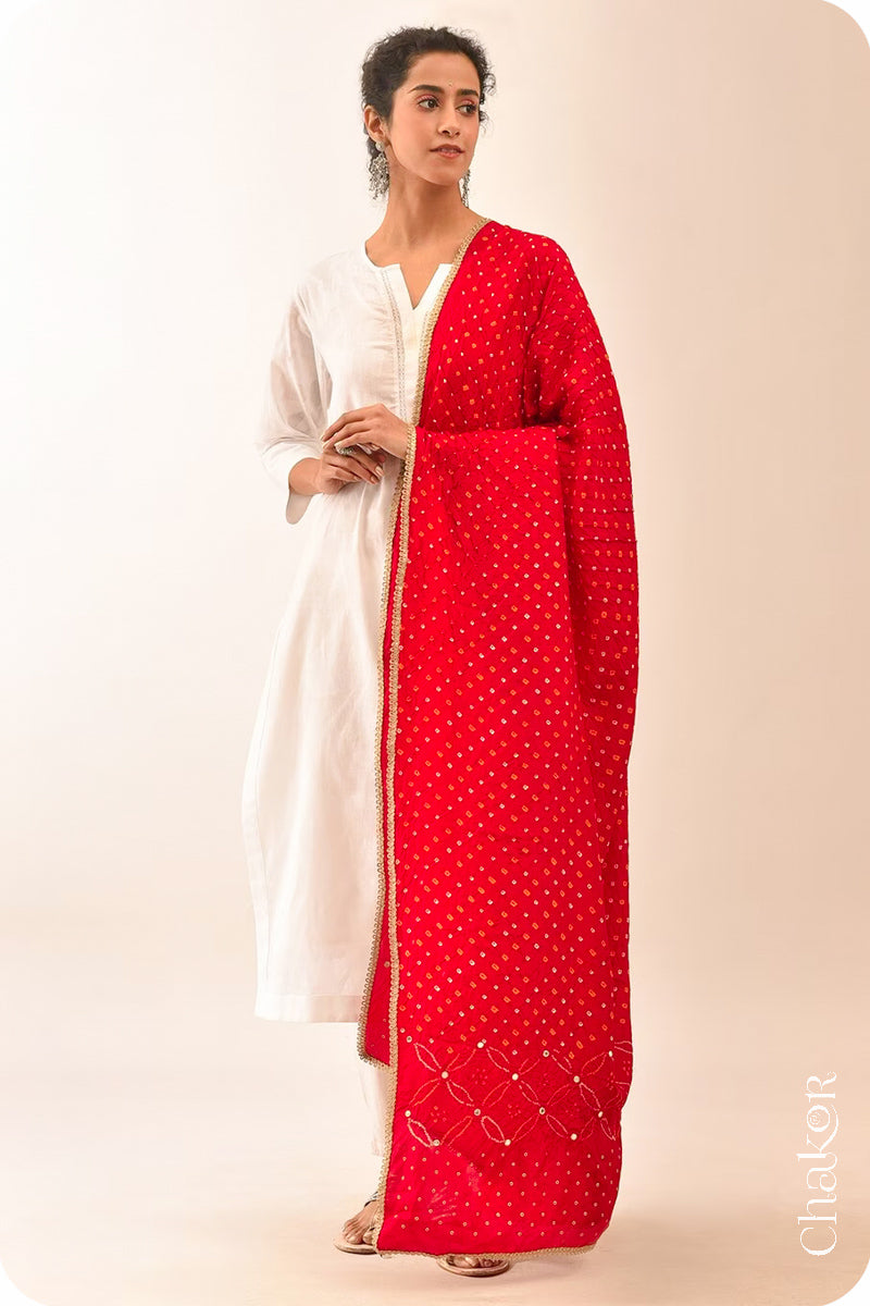 Red Bandhani Mulberry Silk Dupatta