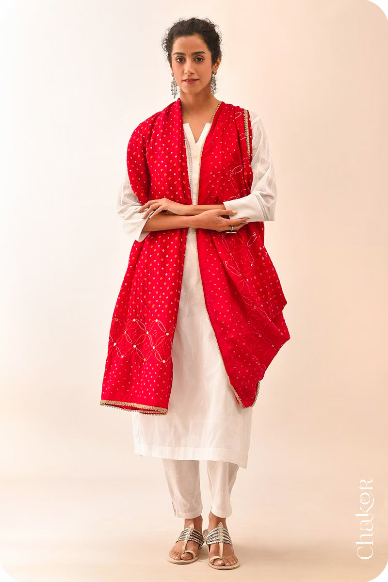 Red Bandhani Mulberry Silk Dupatta