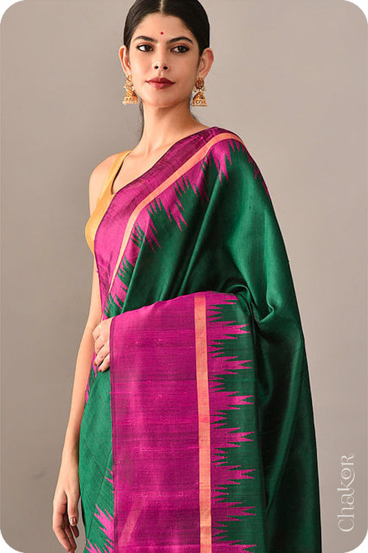 Green Pink Tussar Raw Silk Saree