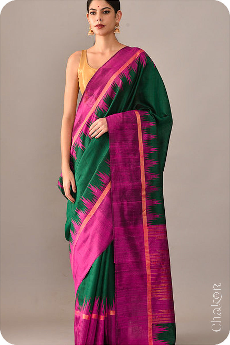 Green Pink Tussar Raw Silk Saree